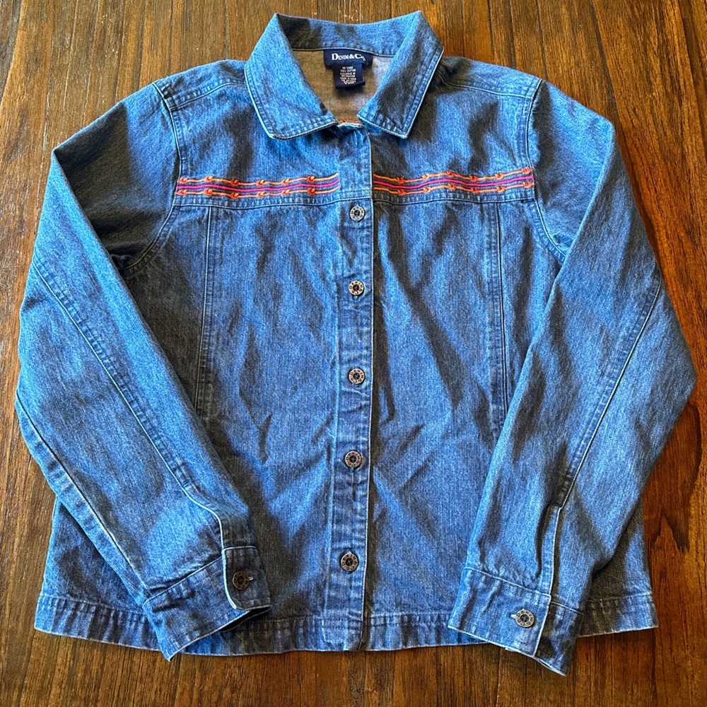 Denim&Co Blue Denim Shirt with Hot Pink and Tangerine Embroidered Stitch Detail